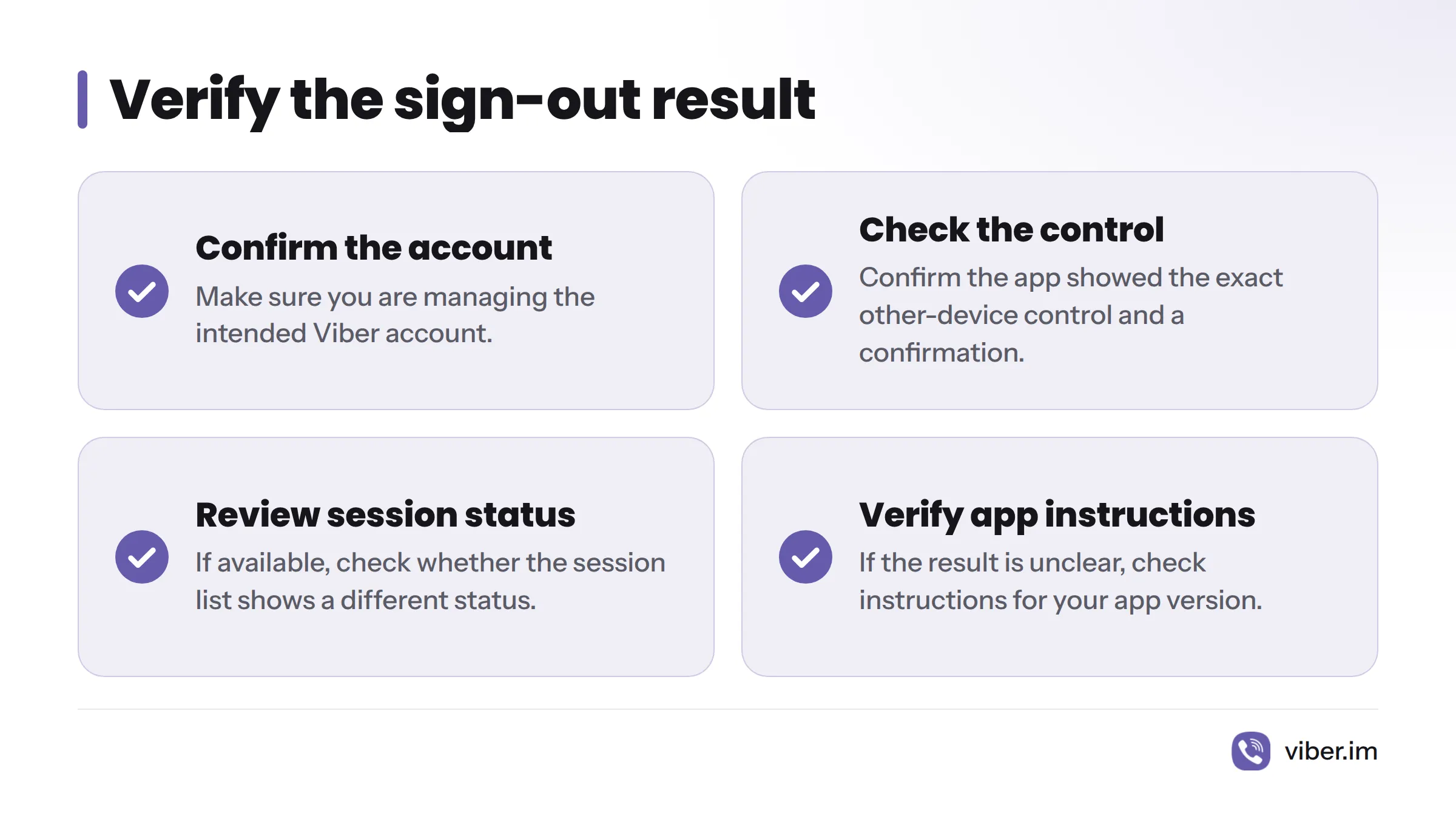 A four-point checklist asks you to confirm the intended account, the other-device control and confirmation, any changed session status, and version-specific instructions if the result is unclear.